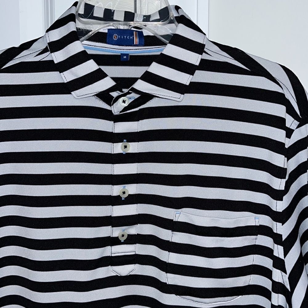 Stitch Performance Black White Stripe SS mens Golf Pocket Polo Tennis Shirt M